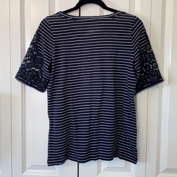 LOFT Navy & White Striped T-shirt Lace Sleeve - Picture 2 of 9